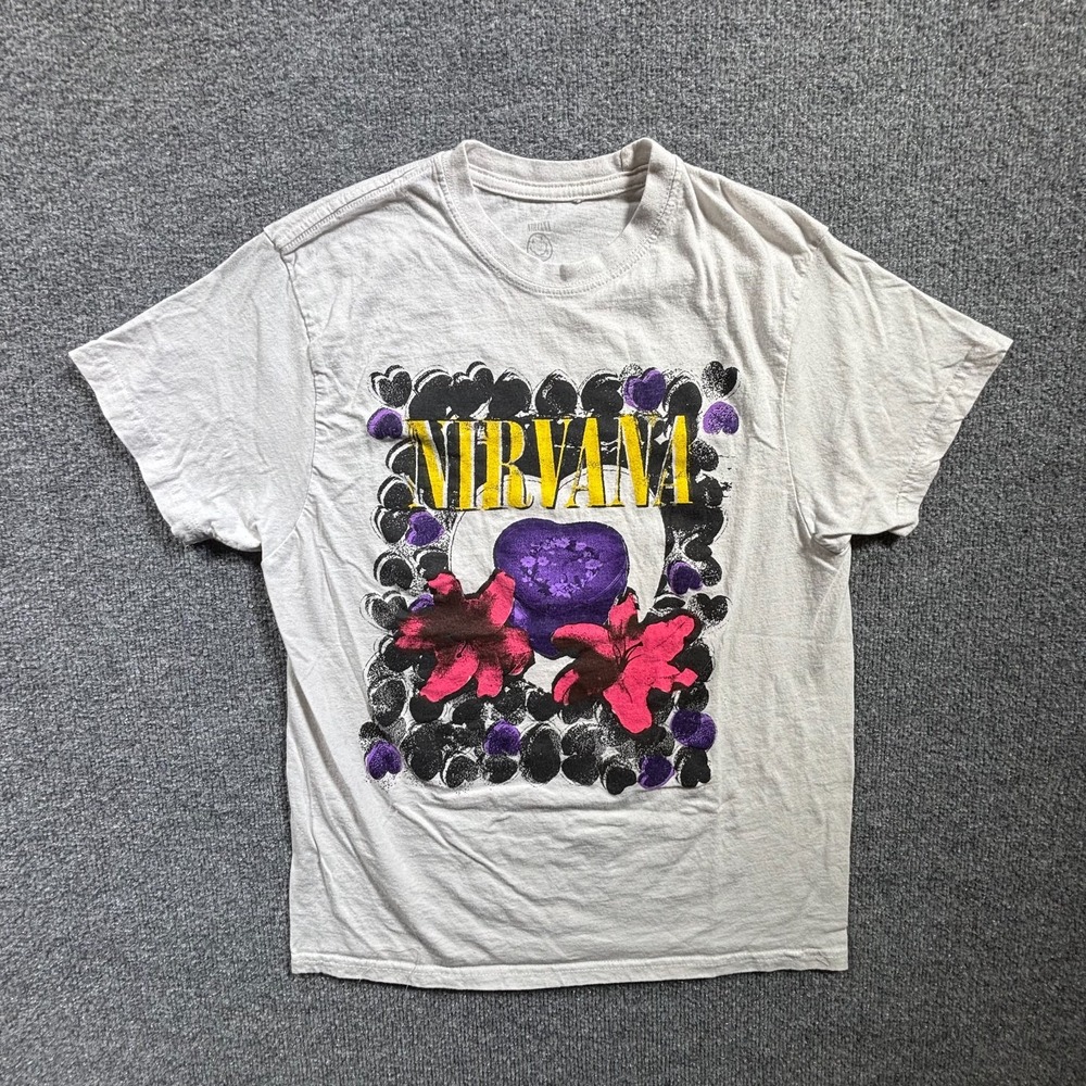 Nirvana T-Shirt Womens Medium White Cotton Graphic Print Floral Heart Crew Neck